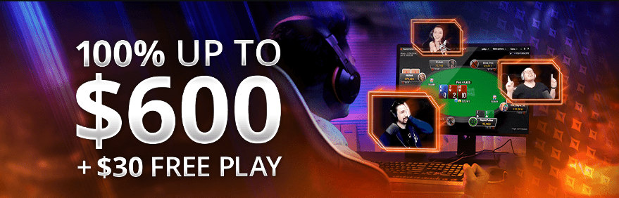 Partypoker welcome bonus: 100% up to $600 + 30 free play.