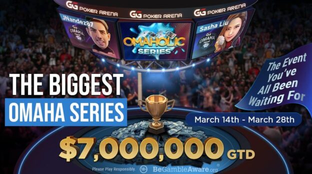 The Omaholics series on GGPoker banner, featuring JNandez and Sasha Liu.