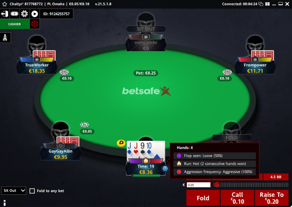 An online poker table showing Betsafe's HUD.