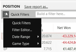 Holdem Manager 3 quick filters dropdown menu.